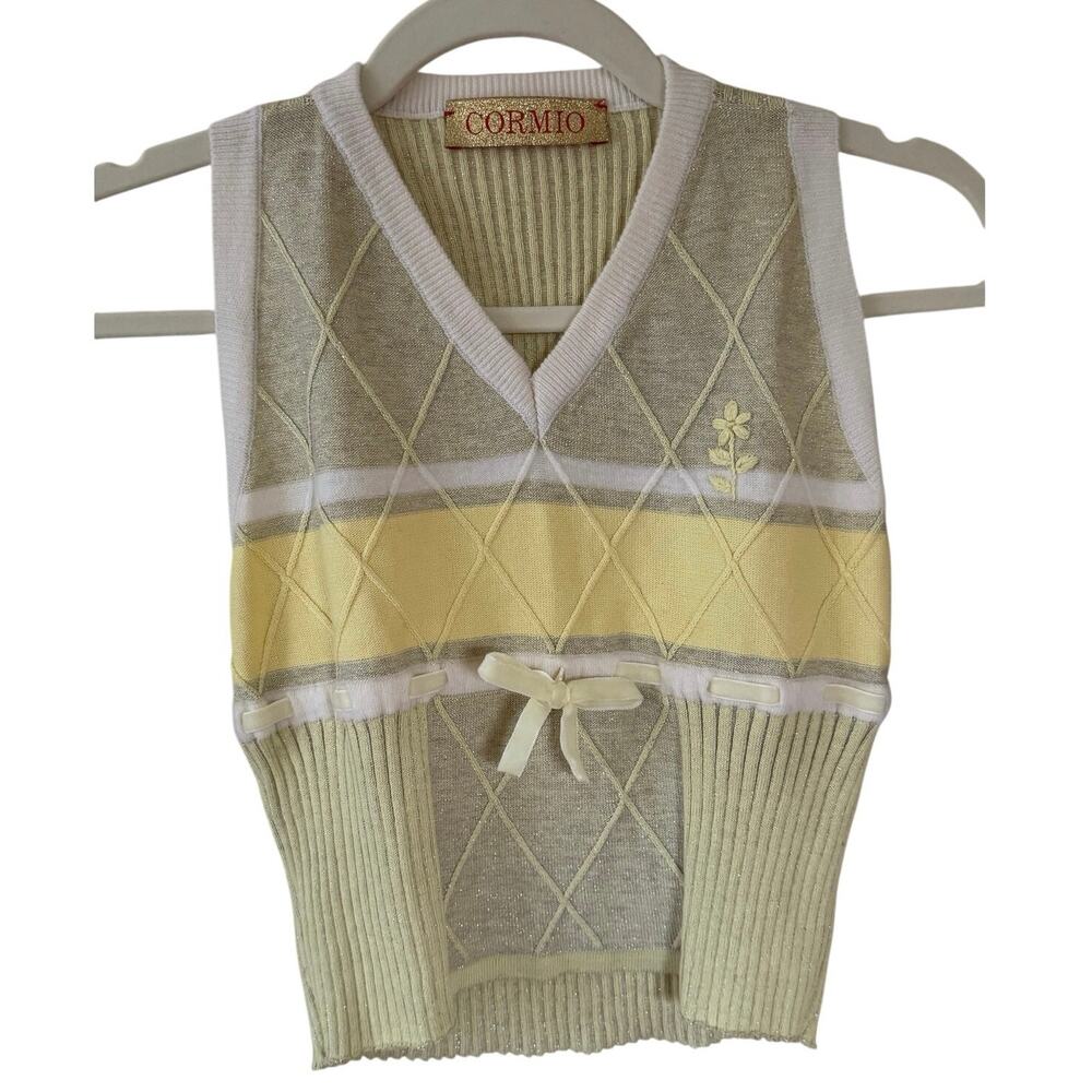 Cormio Floral-Embroidery Argyle-Knit Top Yellow Ribbed Velvet Trim Made in Italy